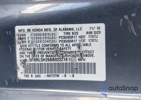 2011 Honda Odyssey Lx z USA, uszkodzony, nr VIN 5FNRL5H26BB022218